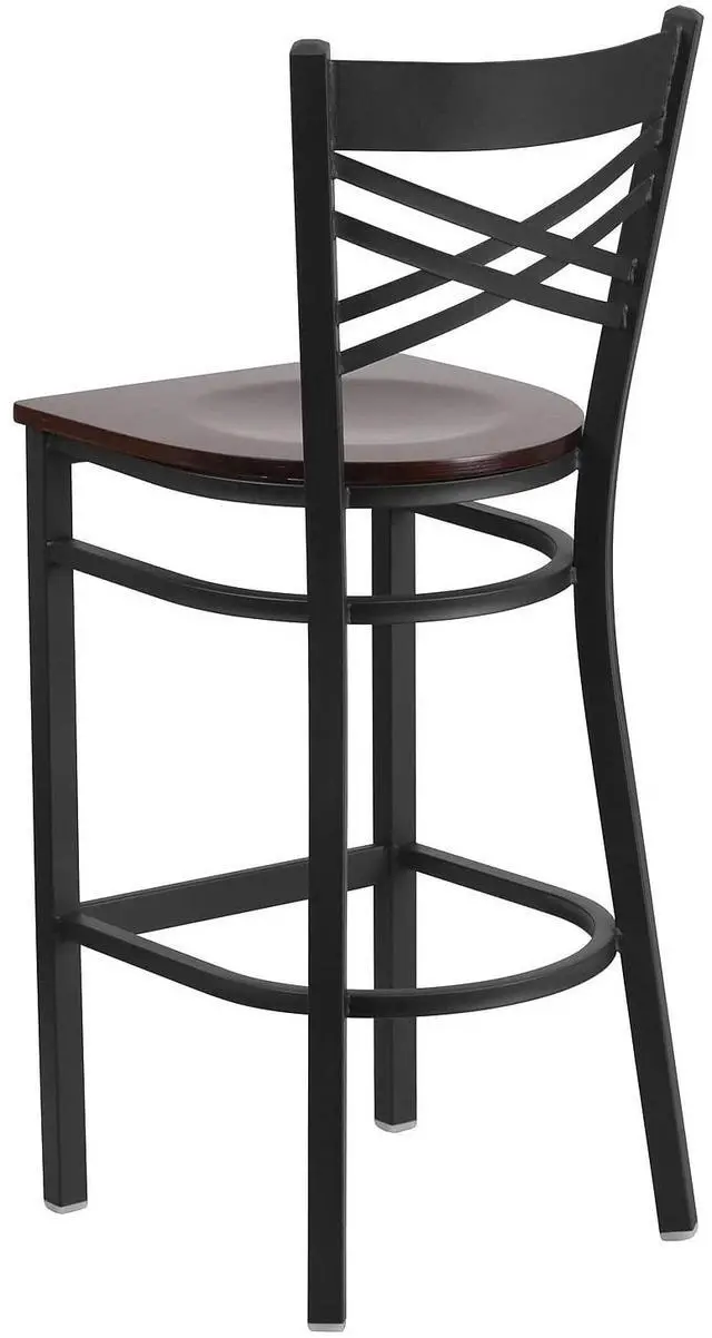 Alt view image 19 of 20 - HERCULES Series Black ''X'' Back Metal Restaurant Barstool - Walnut Wood Seat