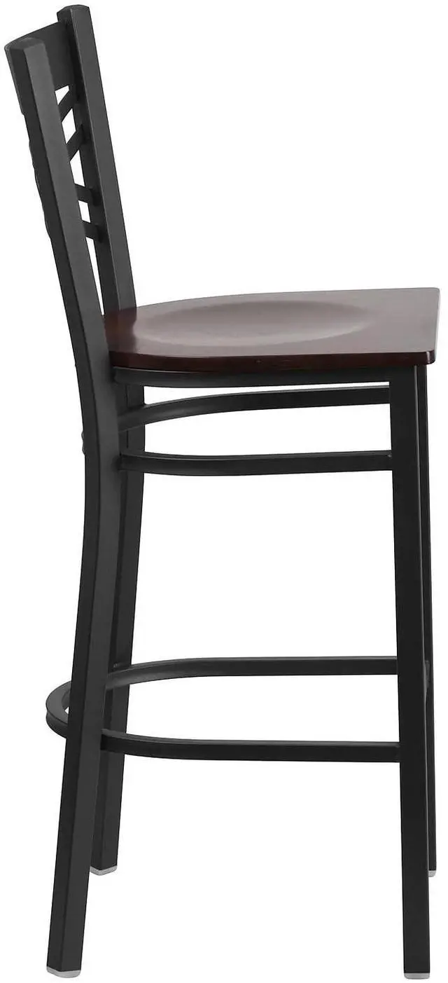 Alt view image 20 of 20 - HERCULES Series Black ''X'' Back Metal Restaurant Barstool - Walnut Wood Seat