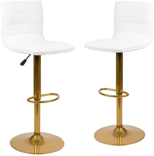 Alt view image 17 of 20 - Modern White Vinyl Adjustable Bar Stool with Back, Counter Height Swivel Stool with Gold Pedestal Base, Set of 2
