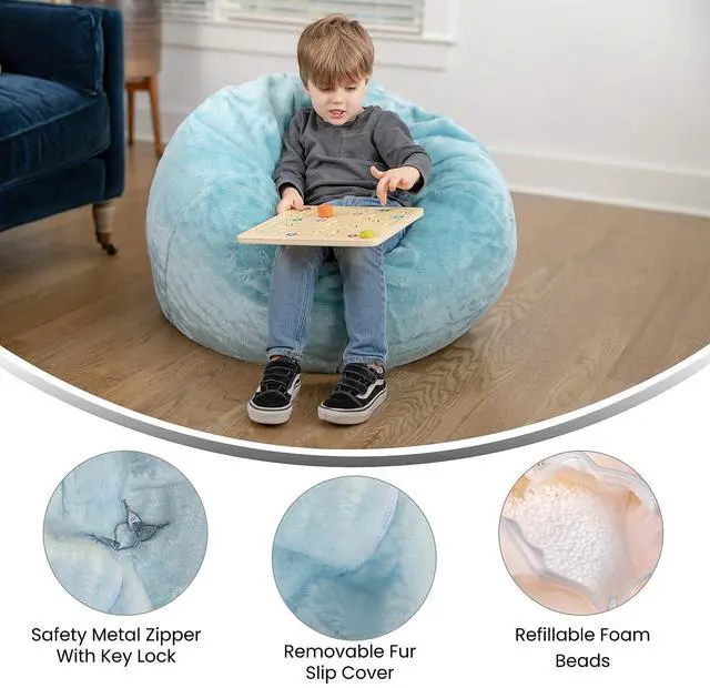 Alt view image 3 of 7 - Flash Furniture Dillon Small Teal Furry Bean Bag Chair for Kids and Teens