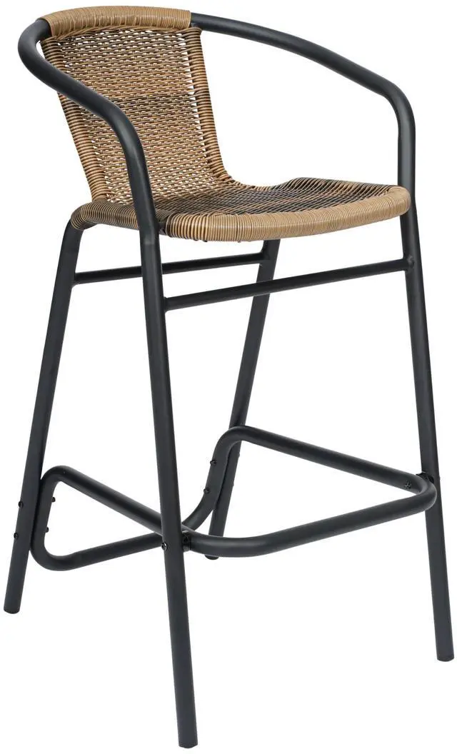 Alt view image 2 of 7 - Flash Furniture Lila Commercial Grade Rattan Indoor-Outdoor Commercial Restaurant Barstool - Rattan Seat and Back - Footrest - Medium Brown