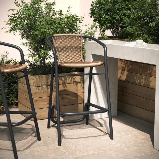 Alt view image 3 of 7 - Flash Furniture Lila Commercial Grade Rattan Indoor-Outdoor Commercial Restaurant Barstool - Rattan Seat and Back - Footrest - Medium Brown