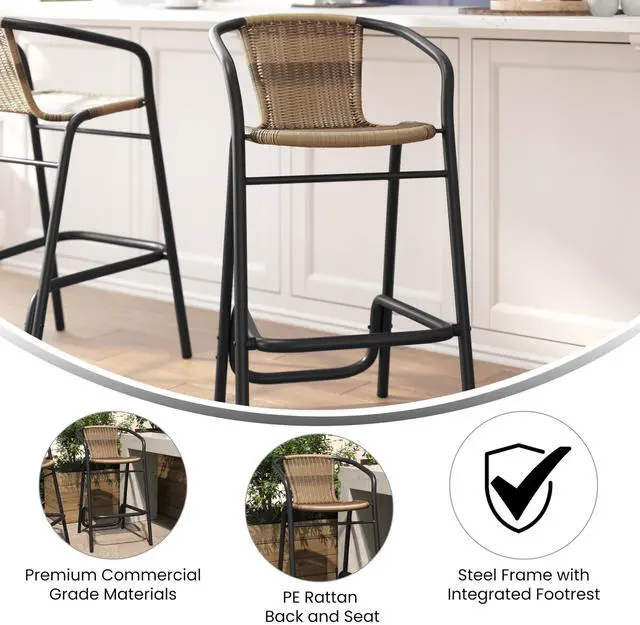 Alt view image 4 of 7 - Flash Furniture Lila Commercial Grade Rattan Indoor-Outdoor Commercial Restaurant Barstool - Rattan Seat and Back - Footrest - Medium Brown