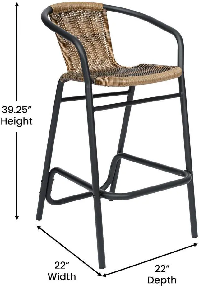 Alt view image 6 of 7 - Flash Furniture Lila Commercial Grade Rattan Indoor-Outdoor Commercial Restaurant Barstool - Rattan Seat and Back - Footrest - Medium Brown