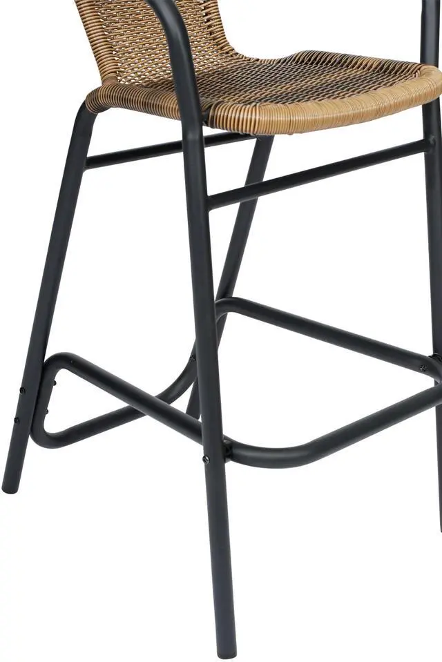 Alt view image 7 of 7 - Flash Furniture Lila Commercial Grade Rattan Indoor-Outdoor Commercial Restaurant Barstool - Rattan Seat and Back - Footrest - Medium Brown