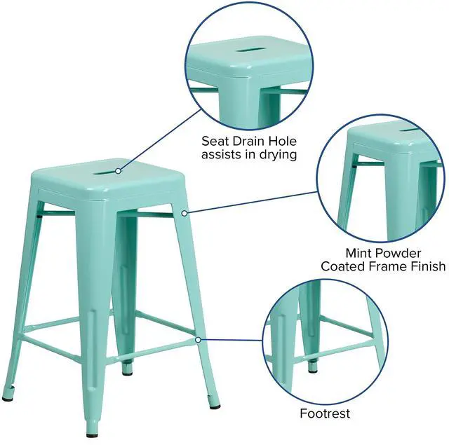 Alt view image 20 of 20 - Commercial Grade 24" High Backless Mint Green Indoor-Outdoor Counter Height Stool