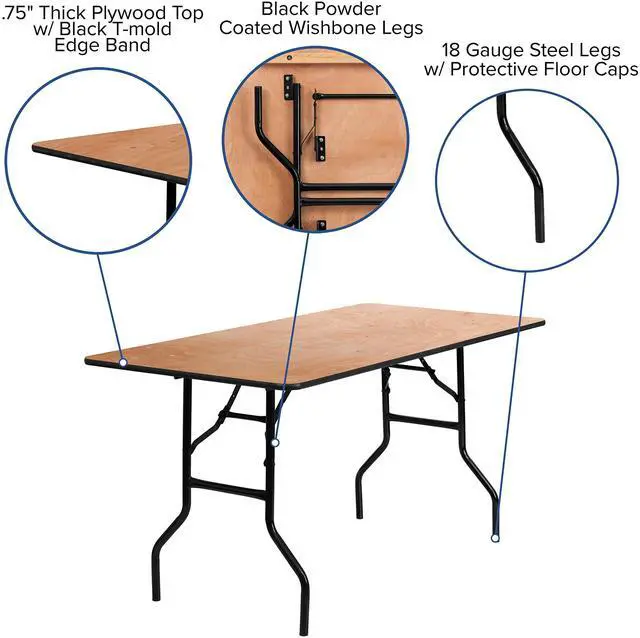 Alt view image 11 of 15 - 30'' x 60'' Rectangular Wood Folding Banquet Table with Clear Coated Finished Top