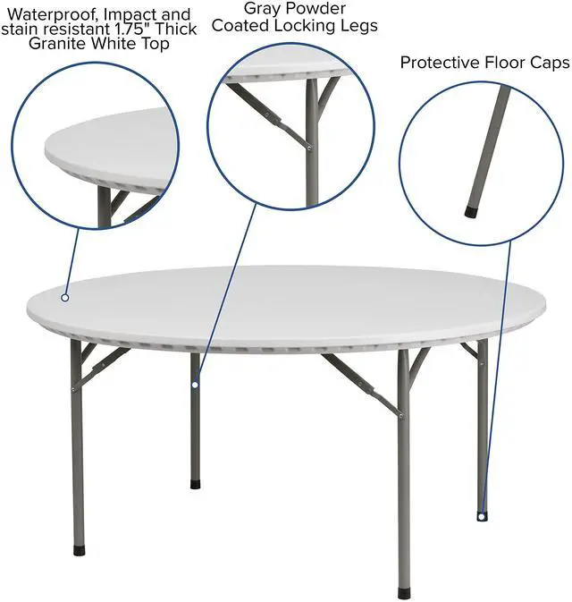 Alt view image 11 of 15 - Flash Furniture Round Commercial Home Office Indoor Outdoor Granite Plastic Folding Table 60 Inch White Top Gray Legs