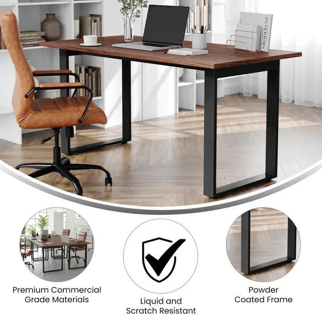 Alt view image 3 of 7 - Flash Furniture Redmond Conference Table with U-Frame Base, Commercial Water and Scratch Resistant Laminate Finish, PVC Edge, Heavy Duty Steel Frame, 60x30, Walnut