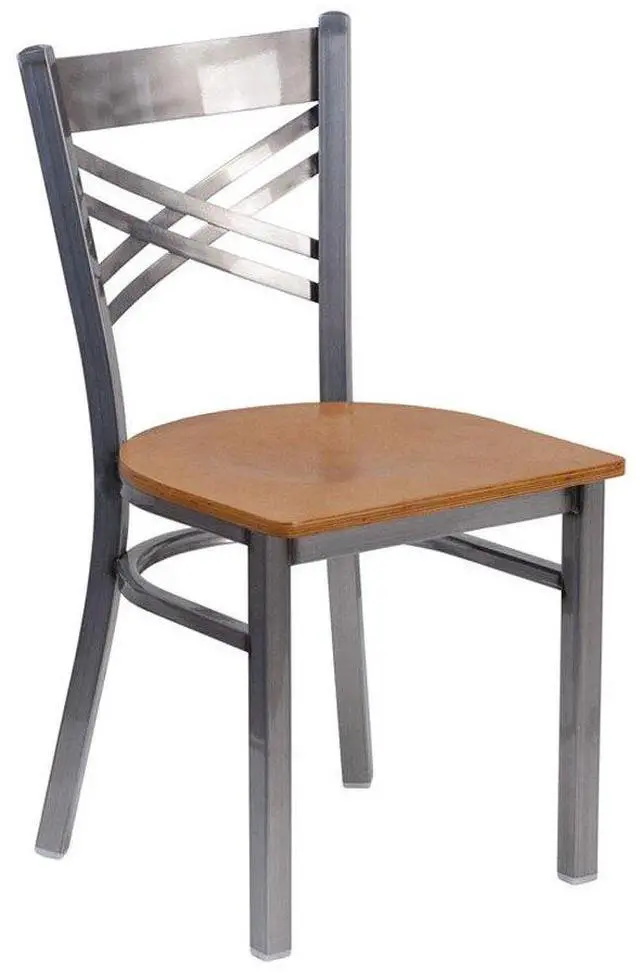 Alt view image 12 of 17 - Flash Furniture HERCULES Series Clear Coated ''X'' Back Metal Restaurant Chair - Natural Wood Seat