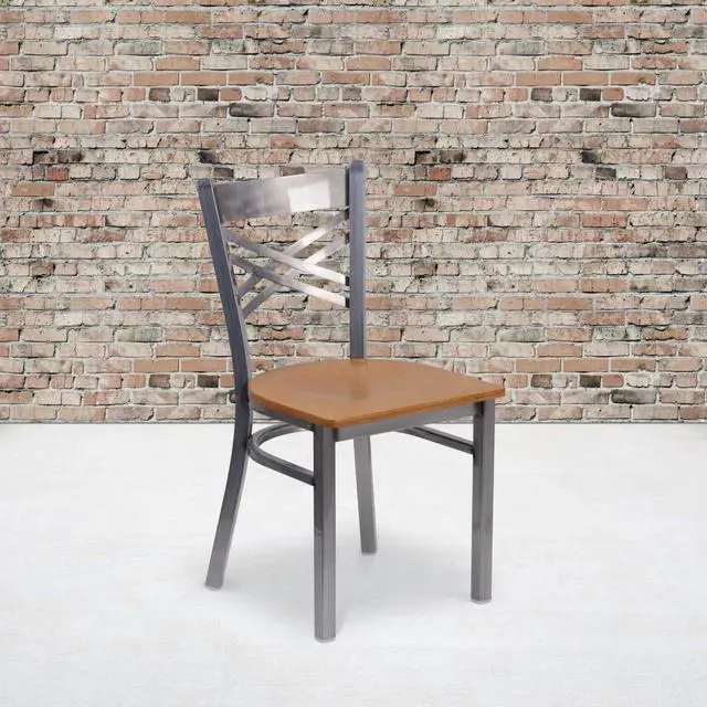 Alt view image 11 of 17 - Flash Furniture HERCULES Series Clear Coated ''X'' Back Metal Restaurant Chair - Natural Wood Seat