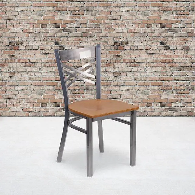Alt view image 13 of 17 - Flash Furniture HERCULES Series Clear Coated ''X'' Back Metal Restaurant Chair - Natural Wood Seat