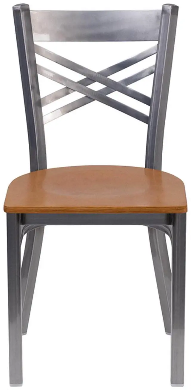 Alt view image 16 of 17 - Flash Furniture HERCULES Series Clear Coated ''X'' Back Metal Restaurant Chair - Natural Wood Seat