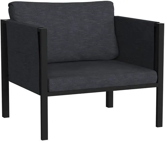 Alt view image 15 of 20 - Indoor/Outdoor Patio Chair with Cushions - Modern Steel Framed Chair with Storage Pockets, Black with Charcoal Cushions