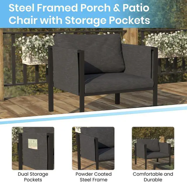 Alt view image 17 of 20 - Indoor/Outdoor Patio Chair with Cushions - Modern Steel Framed Chair with Storage Pockets, Black with Charcoal Cushions