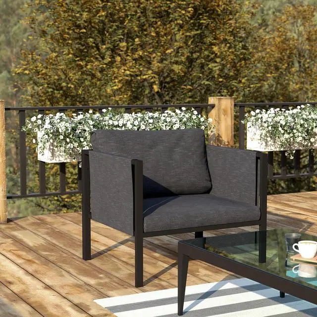 Alt view image 16 of 20 - Indoor/Outdoor Patio Chair with Cushions - Modern Steel Framed Chair with Storage Pockets, Black with Charcoal Cushions