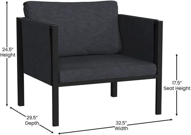 Alt view image 18 of 20 - Indoor/Outdoor Patio Chair with Cushions - Modern Steel Framed Chair with Storage Pockets, Black with Charcoal Cushions