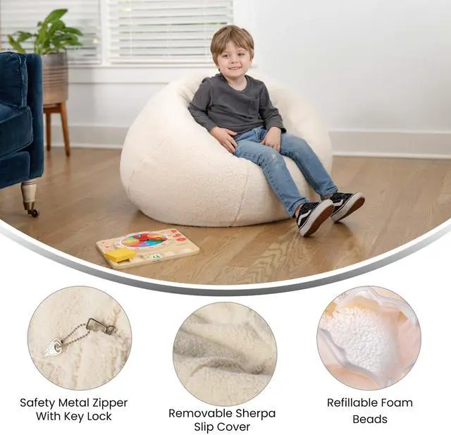 Alt view image 4 of 7 - Flash Furniture Dillon Sherpa Bean Bag Chair, Classic Refillable Bean Bag Chair for Kids and Teens, Small, Natural