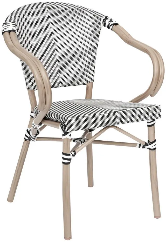 Alt view image 2 of 7 - Flash Furniture Marseille Indoor/Outdoor Commercial Bistro Stack Chair - Curved Arms - Black/White Textilene Back and Seat - LT NAT Bamboo Print Metal Frame