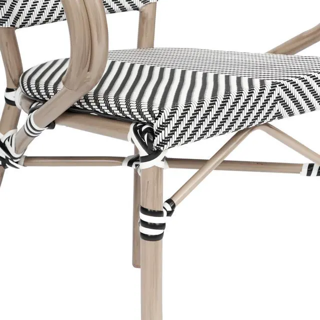 Alt view image 7 of 7 - Flash Furniture Marseille Indoor/Outdoor Commercial Bistro Stack Chair - Curved Arms - Black/White Textilene Back and Seat - LT NAT Bamboo Print Metal Frame