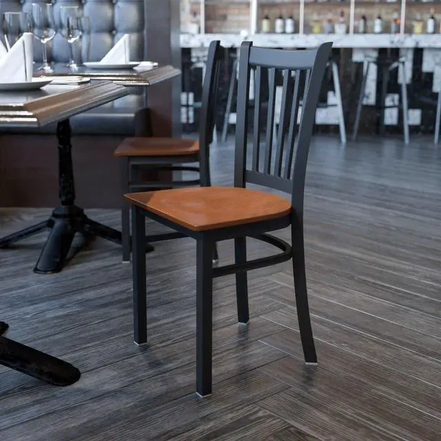 Alt view image 10 of 16 - HERCULES Series Black Vertical Back Metal Restaurant Chair - Cherry Wood Seat