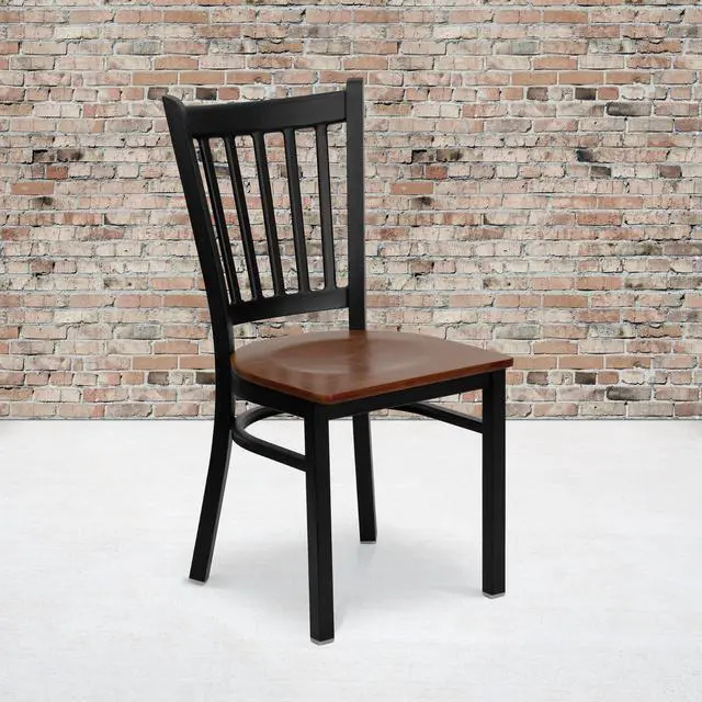 Alt view image 12 of 16 - HERCULES Series Black Vertical Back Metal Restaurant Chair - Cherry Wood Seat