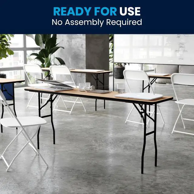 Alt view image 11 of 12 - 18'' x 72'' Rectangular Wood Folding Training / Seminar Table with Smooth Clear Coated Finished Top