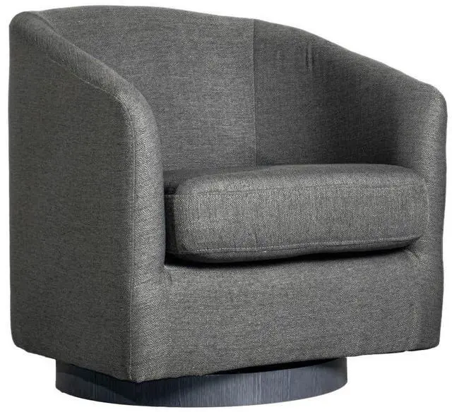 Main image of Flash Furniture Landon Upholstered Barrel Chair, Commercial 360° Swivel Club Style Chair, Sloped Armrests, Woodgrain Vinyl Wrapped Metal Base, Dark Gray Fabric