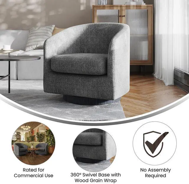Alt view image 4 of 7 - Flash Furniture Landon Upholstered Barrel Chair, Commercial 360° Swivel Club Style Chair, Sloped Armrests, Woodgrain Vinyl Wrapped Metal Base, Dark Gray Fabric