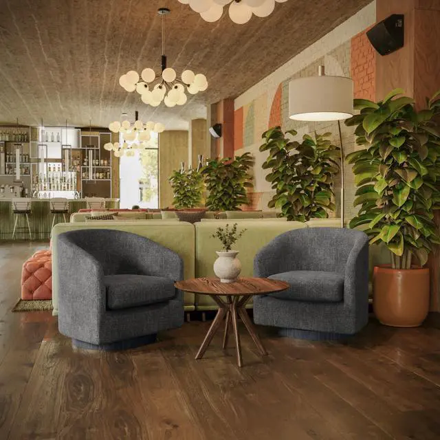 Alt view image 3 of 7 - Flash Furniture Landon Upholstered Barrel Chair, Commercial 360° Swivel Club Style Chair, Sloped Armrests, Woodgrain Vinyl Wrapped Metal Base, Dark Gray Fabric