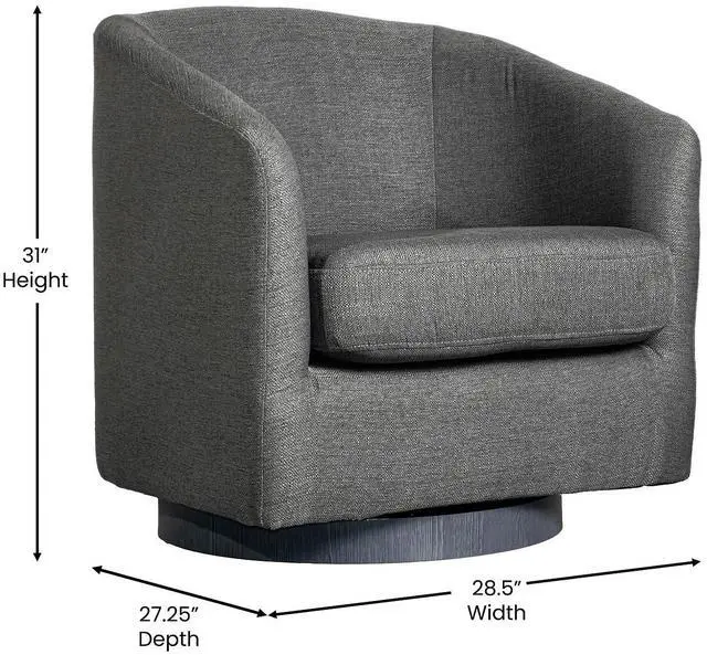 Alt view image 5 of 7 - Flash Furniture Landon Upholstered Barrel Chair, Commercial 360° Swivel Club Style Chair, Sloped Armrests, Woodgrain Vinyl Wrapped Metal Base, Dark Gray Fabric