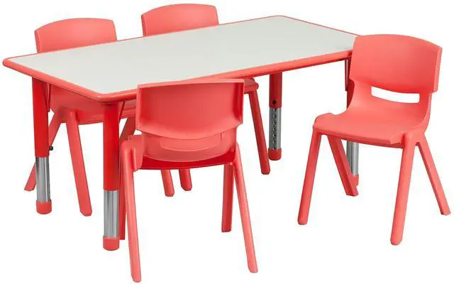 Alt view image 16 of 19 - 23.625''W x 47.25''L Rectangular Red Plastic Height Adjustable Activity Table Set with 4 Chairs