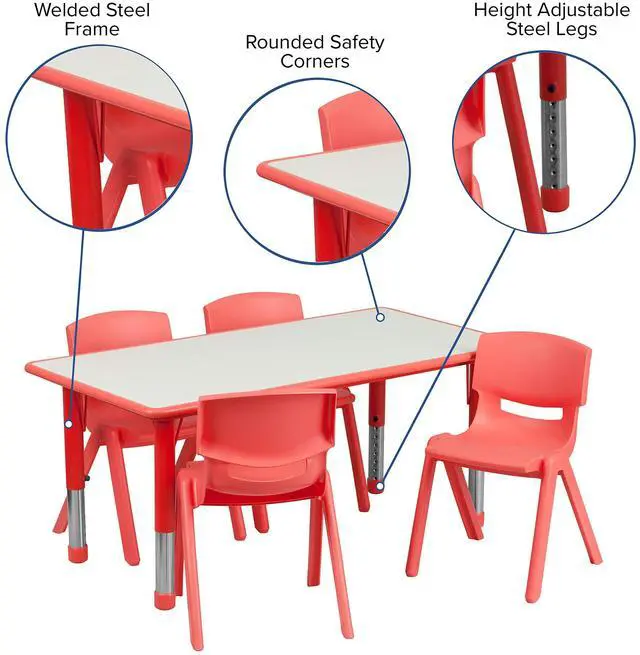 Alt view image 18 of 19 - 23.625''W x 47.25''L Rectangular Red Plastic Height Adjustable Activity Table Set with 4 Chairs