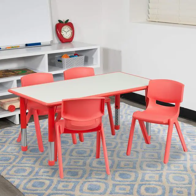 Alt view image 19 of 19 - 23.625''W x 47.25''L Rectangular Red Plastic Height Adjustable Activity Table Set with 4 Chairs