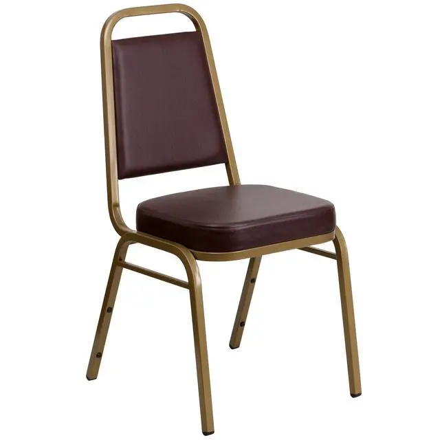 Alt view image 3 of 7 - Brown Vinyl Trapezoidal Back Stacking Banquet Chair | Gold Frame, Vinyl Upholstery