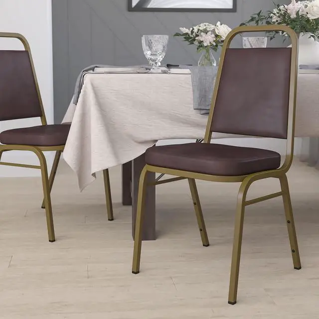 Main image of Brown Vinyl Trapezoidal Back Stacking Banquet Chair | Gold Frame, Vinyl Upholstery