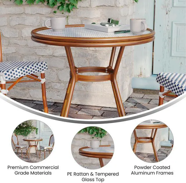 Alt view image 3 of 7 - Flash Furniture Lourdes Indoor/Outdoor Commercial Bistro Table - Tempered Glass Top - PE Rattan - Natural Bamboo Print Aluminum Frame - 31.5" - White/Navy