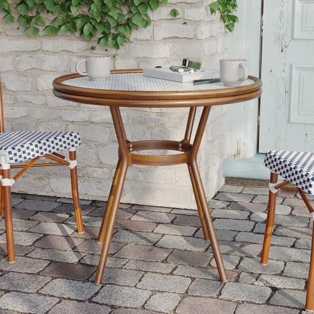 Alt view image 2 of 7 - Flash Furniture Lourdes Indoor/Outdoor Commercial Bistro Table - Tempered Glass Top - PE Rattan - Natural Bamboo Print Aluminum Frame - 31.5" - White/Navy