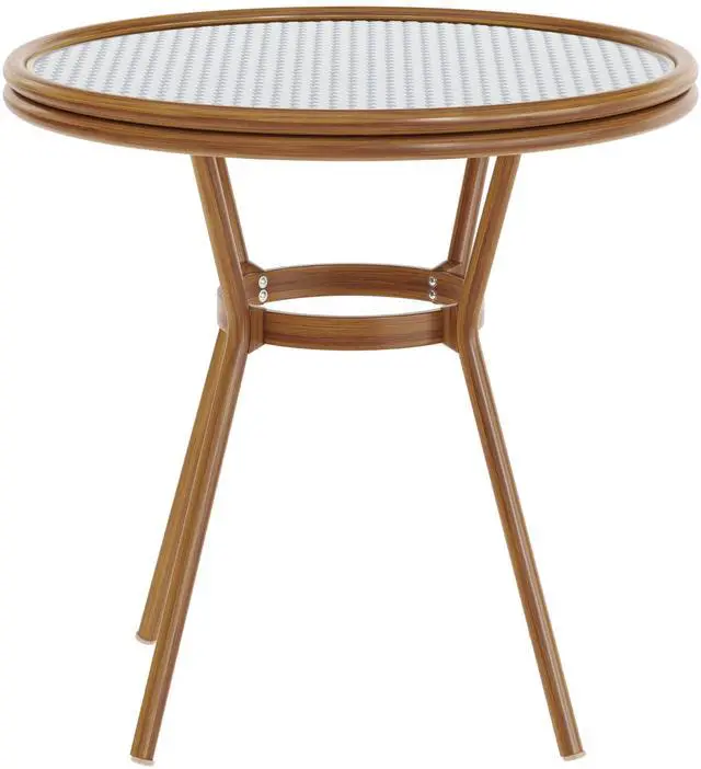 Alt view image 7 of 7 - Flash Furniture Lourdes Indoor/Outdoor Commercial Bistro Table - Tempered Glass Top - PE Rattan - Natural Bamboo Print Aluminum Frame - 31.5" - White/Navy