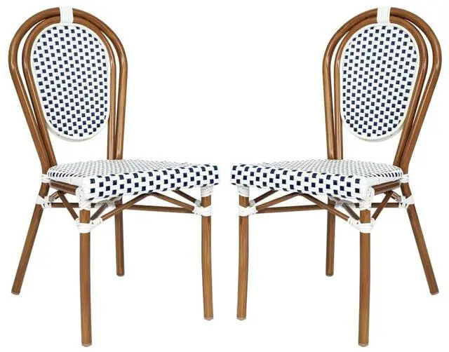 Main image of Flash Furniture Lourdes Indoor/Outdoor Commercial Thonet Bistro Stack Chair - White/Navy PE Rattan Back and Seat - Natural Bamboo Print Metal Frame - Set of 2
