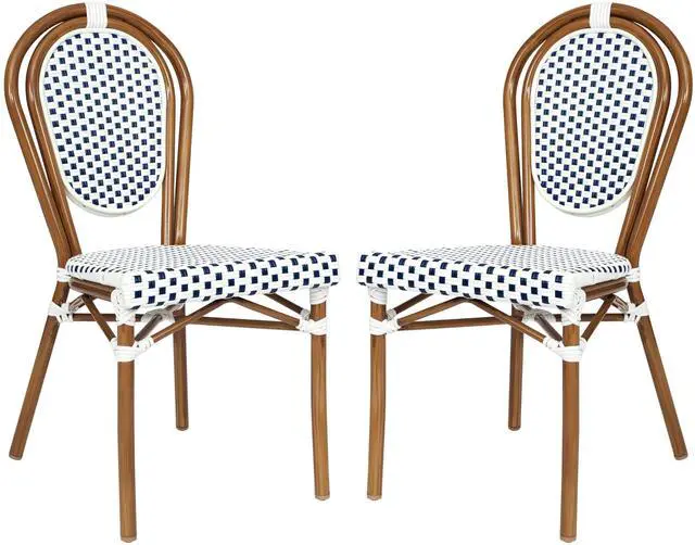 Alt view image 2 of 7 - Flash Furniture Lourdes Indoor/Outdoor Commercial Thonet Bistro Stack Chair - White/Navy PE Rattan Back and Seat - Natural Bamboo Print Metal Frame - Set of 2