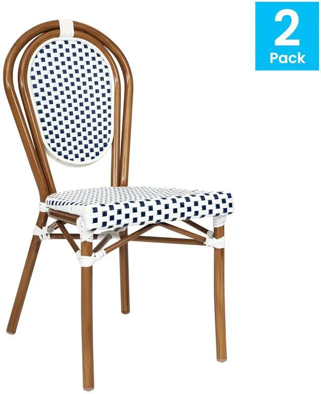 Alt view image 3 of 7 - Flash Furniture Lourdes Indoor/Outdoor Commercial Thonet Bistro Stack Chair - White/Navy PE Rattan Back and Seat - Natural Bamboo Print Metal Frame - Set of 2