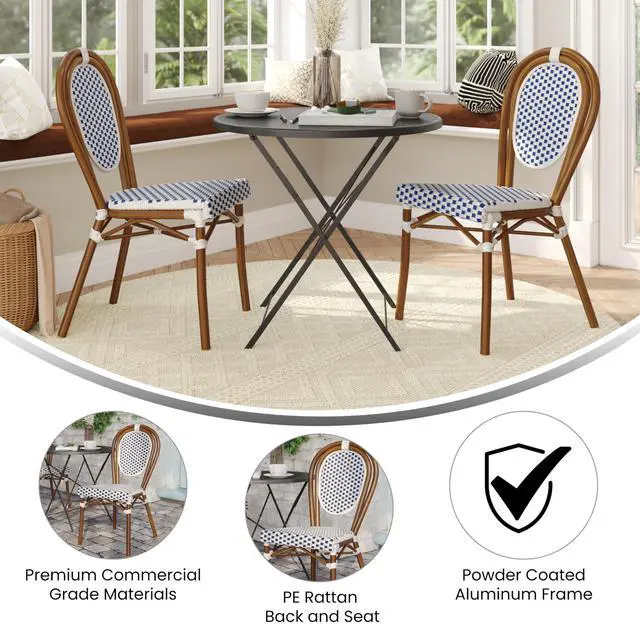 Alt view image 5 of 7 - Flash Furniture Lourdes Indoor/Outdoor Commercial Thonet Bistro Stack Chair - White/Navy PE Rattan Back and Seat - Natural Bamboo Print Metal Frame - Set of 2