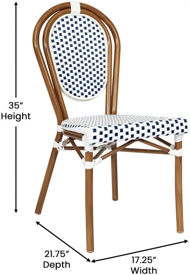 Alt view image 7 of 7 - Flash Furniture Lourdes Indoor/Outdoor Commercial Thonet Bistro Stack Chair - White/Navy PE Rattan Back and Seat - Natural Bamboo Print Metal Frame - Set of 2