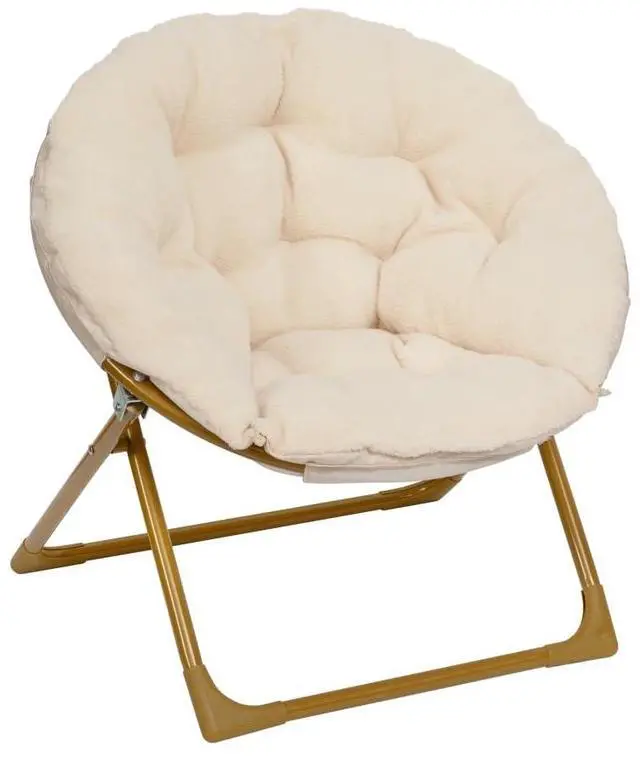 Main image of Flash Furniture Gwen Kids Cozy Mini Folding Saucer Chair - Ivory Faux Fur Moon Chair - Soft Gold Metal Frame - 23" Portable Folding Chair For Living Room or Bedroom