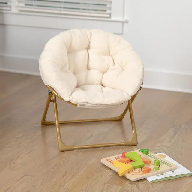 Alt view image 3 of 7 - Flash Furniture Gwen Kids Cozy Mini Folding Saucer Chair - Ivory Faux Fur Moon Chair - Soft Gold Metal Frame - 23" Portable Folding Chair For Living Room or Bedroom