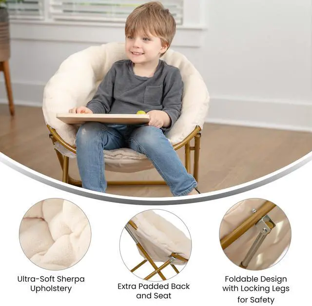 Alt view image 4 of 7 - Flash Furniture Gwen Kids Cozy Mini Folding Saucer Chair - Ivory Faux Fur Moon Chair - Soft Gold Metal Frame - 23" Portable Folding Chair For Living Room or Bedroom