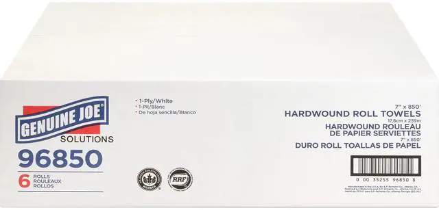 Alt view image 15 of 18 - Genuine Joe Hard Wound Roll Towel 1-Ply 7"x850' 6RL/CT White 96850