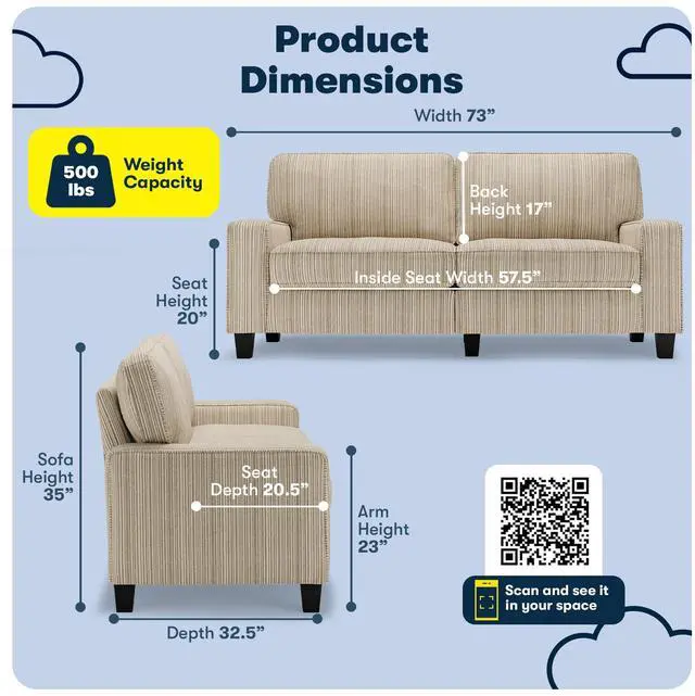 Alt view image 3 of 7 - Serta Palisades 73" Track Arm Sofa, Easy Care Polyester, Soft Pillow Back, Pocket Coil Seat Cushions, Removable Covers, Loveseat or Couch for Small Spaces, Living Rooms or Bedrooms, Beige