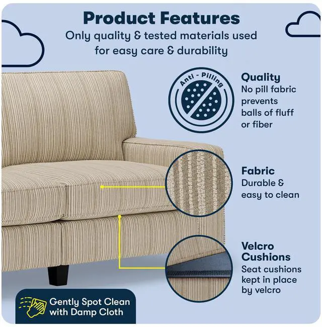 Alt view image 4 of 7 - Serta Palisades 73" Track Arm Sofa, Easy Care Polyester, Soft Pillow Back, Pocket Coil Seat Cushions, Removable Covers, Loveseat or Couch for Small Spaces, Living Rooms or Bedrooms, Beige